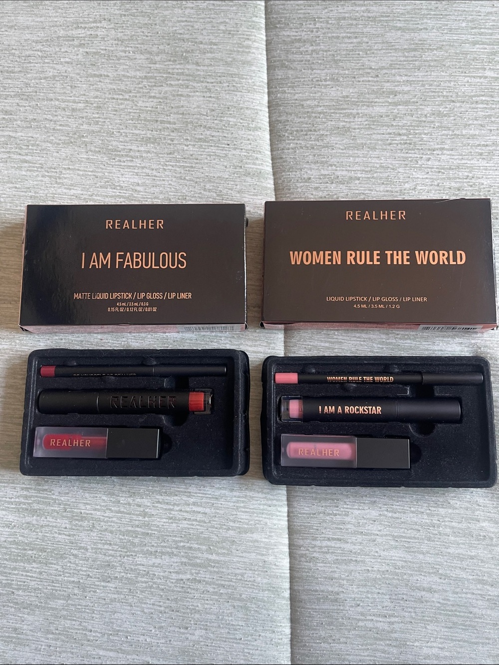 RealHer Lip Set – Deep Red or Soft Pink Shades.$36 ea set. Or ask to bundle.